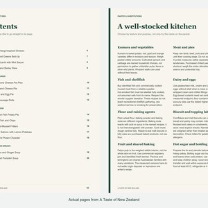 Actual contents and kitchen-notes pages from A Taste of New Zealand.