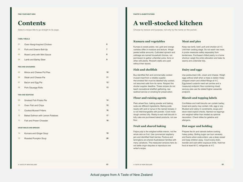 Actual contents and kitchen-notes pages from A Taste of New Zealand.