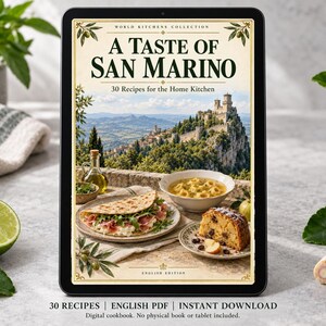 Digital cookbook mockup displaying the actual A Taste of San Marino cover. English PDF download only; no tablet or physical book included.