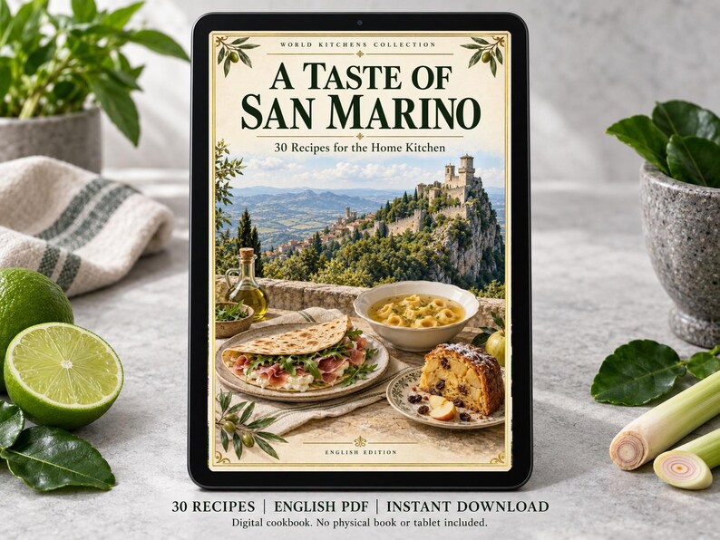 Digital cookbook mockup displaying the actual A Taste of San Marino cover. English PDF download only; no tablet or physical book included.