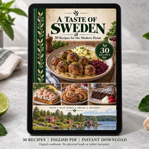 Digital cookbook mockup displaying the actual A Taste of Sweden cover. English PDF download only; no tablet or physical book included.