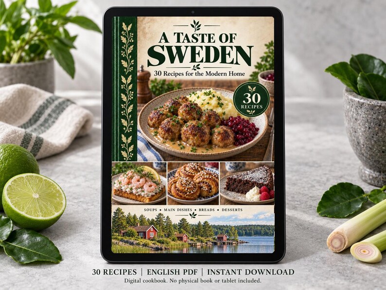 Digital cookbook mockup displaying the actual A Taste of Sweden cover. English PDF download only; no tablet or physical book included.