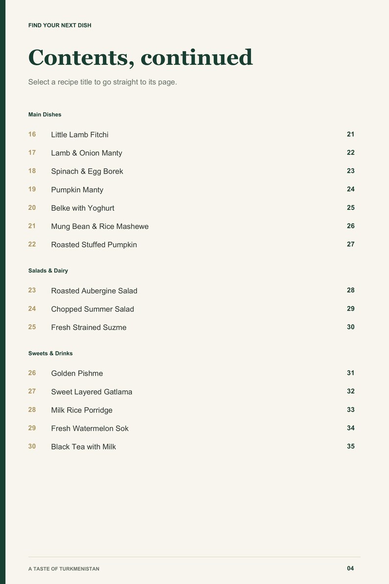 Actual PDF page 4 from A Taste of Turkmenistan: Contents, page 2.