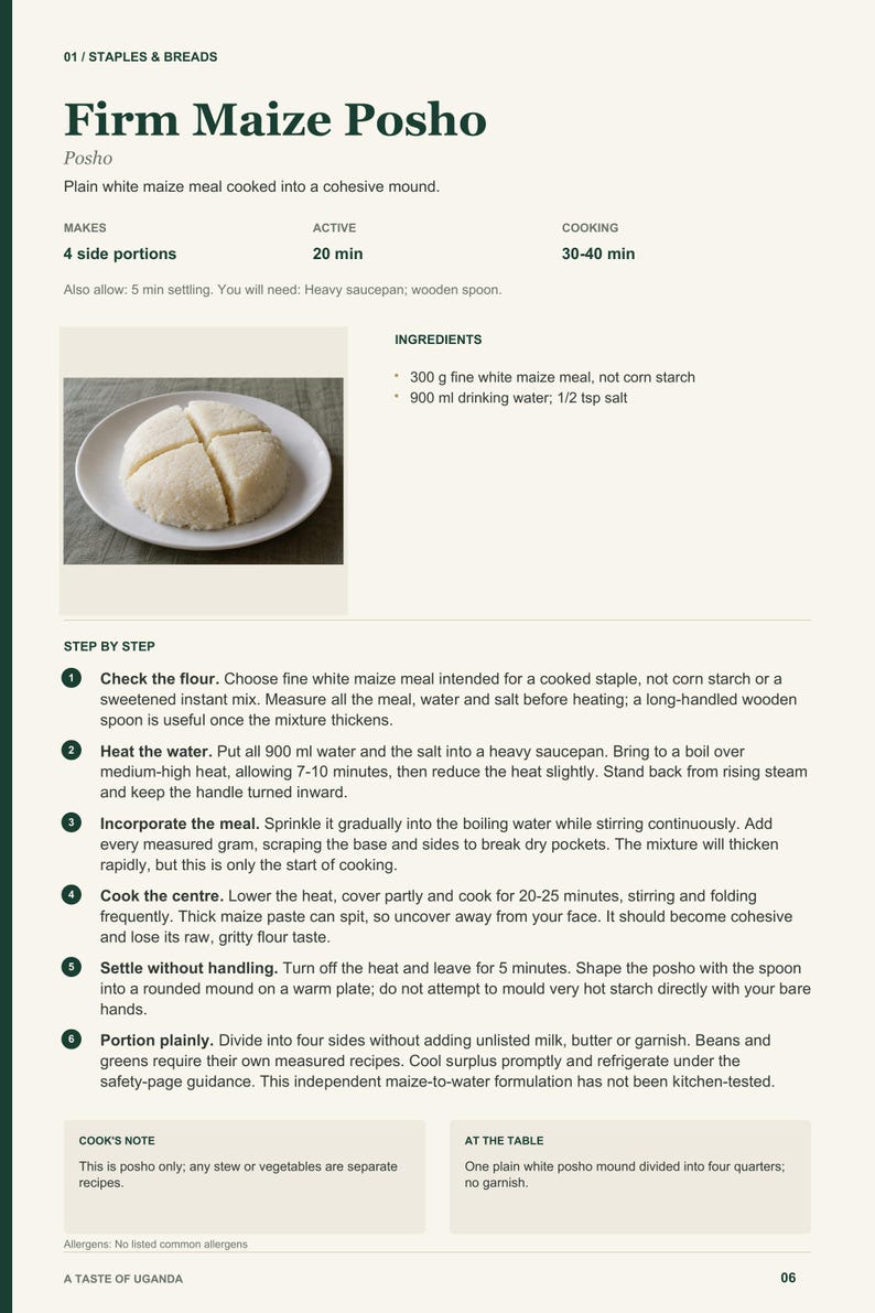 Actual PDF page 6 from A Taste of Uganda: Firm Maize Posho recipe page.