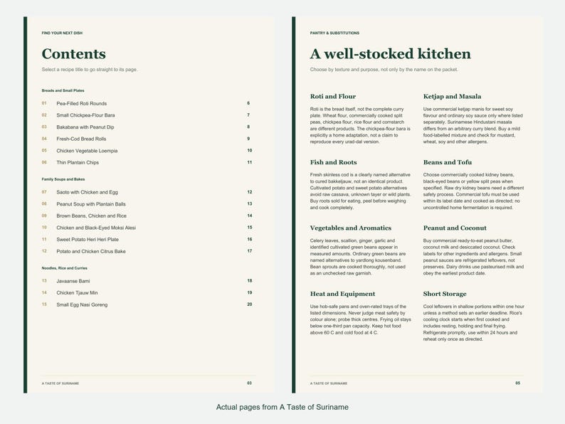 Actual contents and kitchen-notes pages from A Taste of Suriname.