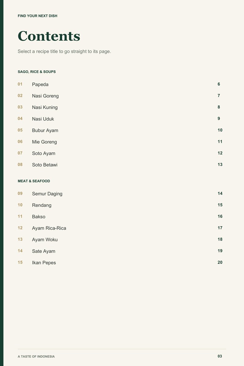 Actual PDF page 3 from A Taste of Indonesia: Contents, page 1.