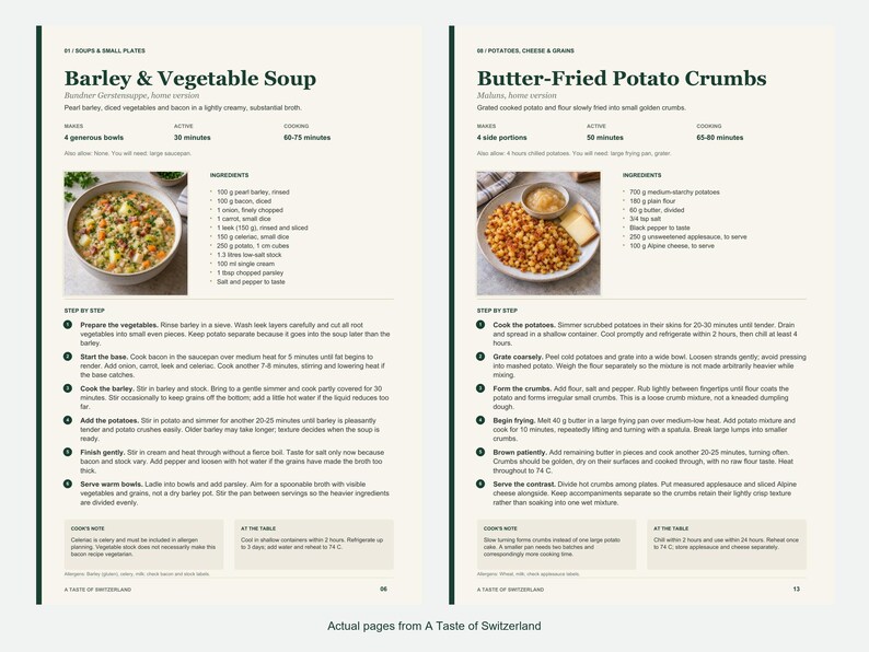 Two actual recipe pages from A Taste of Switzerland.