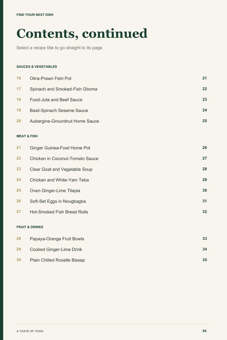 Actual PDF page 4 from A Taste of Togo: Contents, page 2.