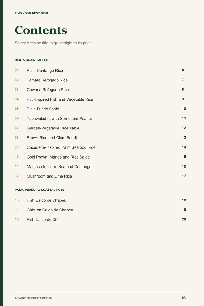 Actual PDF page 3 from A Taste of Guinea-Bissau: Contents, page 1.