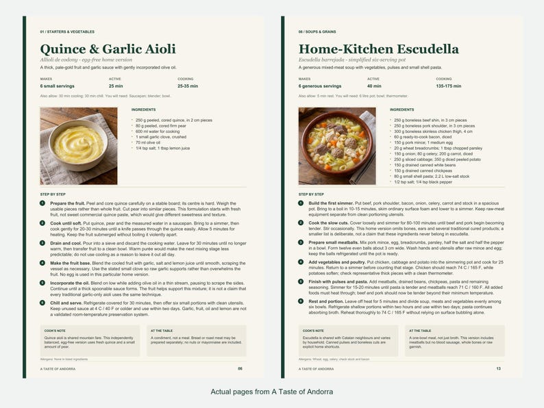 Two actual recipe pages from A Taste of Andorra.