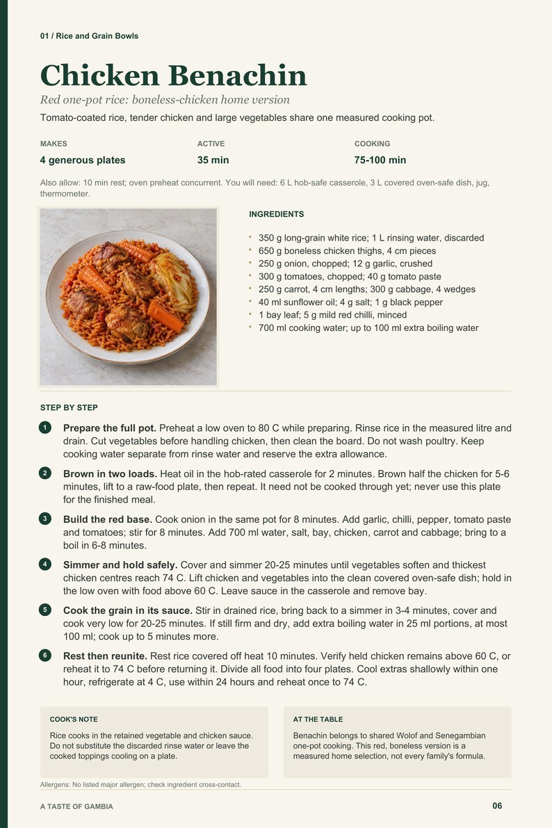 Actual PDF page 6 from A Taste of Gambia: Chicken Benachin recipe page.