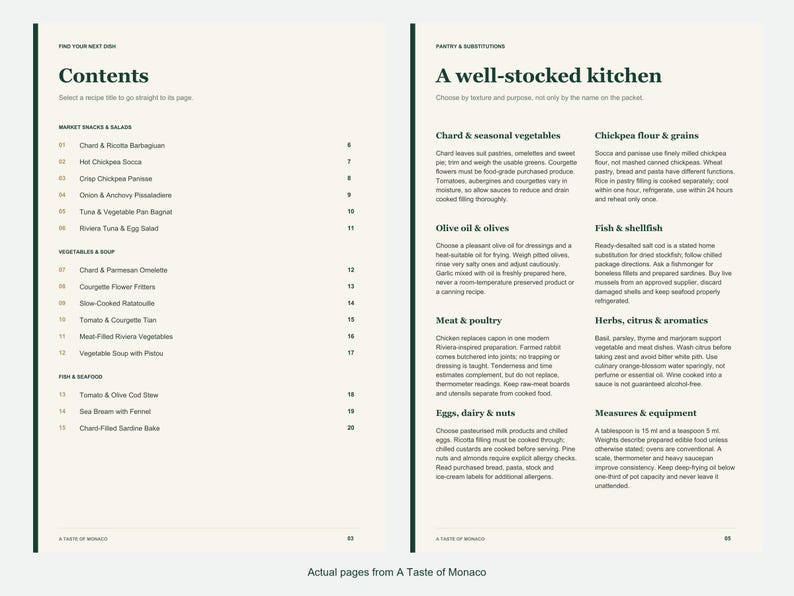 Actual contents and kitchen-notes pages from A Taste of Monaco.