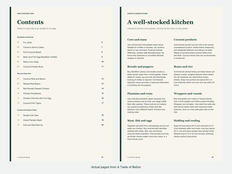Actual contents and kitchen-notes pages from A Taste of Belize.