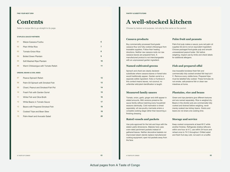 Actual contents and kitchen-notes pages from A Taste of Congo.