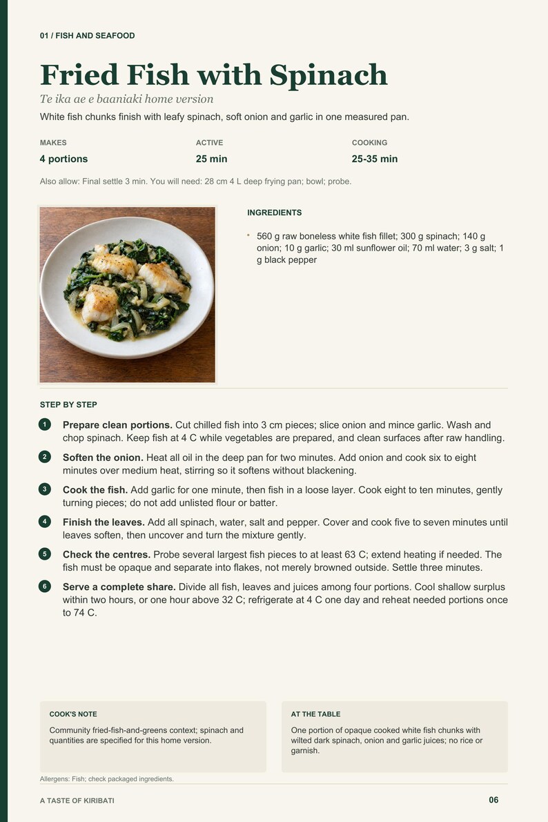 Actual PDF page 6 from A Taste of Kiribati: Fried Fish with Spinach recipe page.