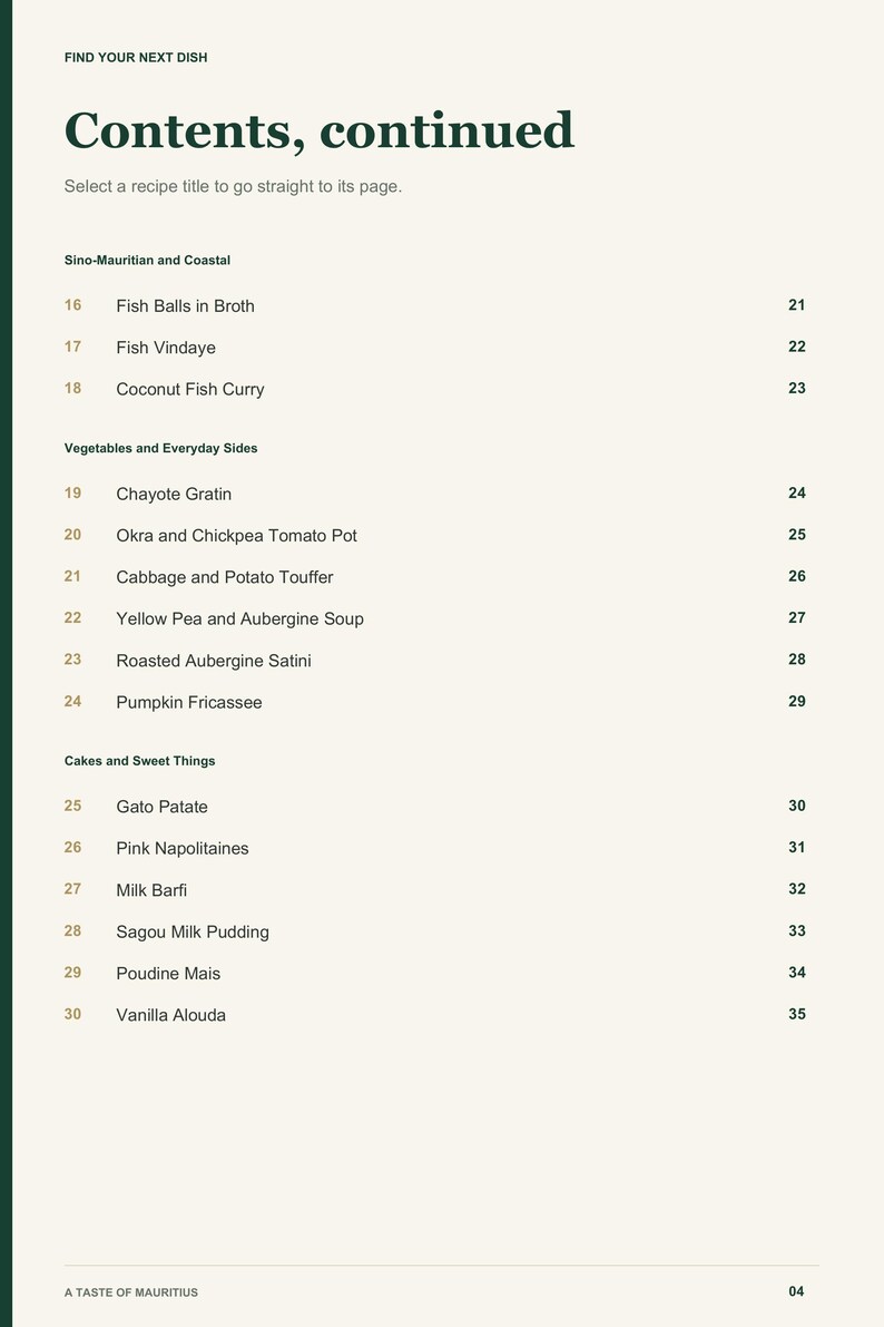 Actual PDF page 4 from A Taste of Mauritius: Contents, page 2.
