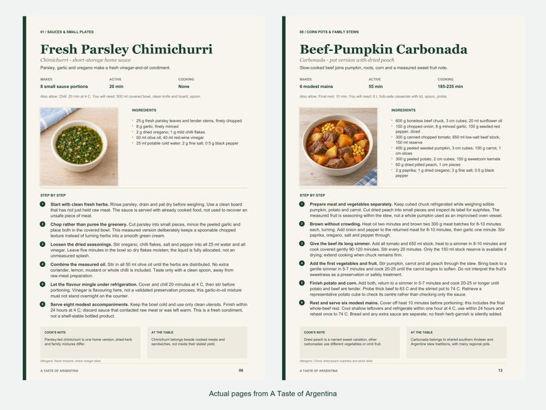 Two actual recipe pages from A Taste of Argentina.