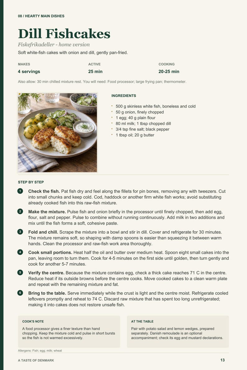 Actual PDF page 13 from A Taste of Denmark: Dill Fishcakes recipe page.