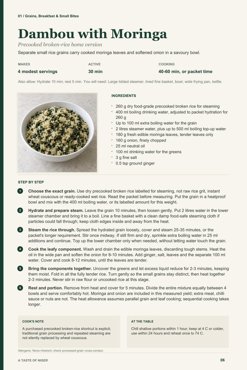 Actual PDF page 6 from A Taste of Niger: Dambou with Moringa recipe page.