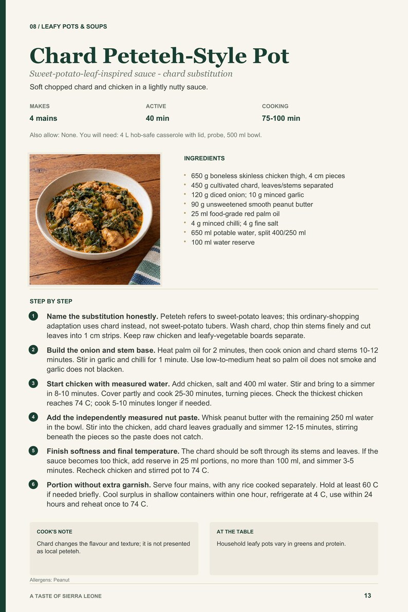 Actual PDF page 13 from A Taste of Sierra Leone: Chard Peteteh-Style Pot recipe page.
