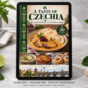 Digital cookbook mockup displaying the actual A Taste of Czechia cover. English PDF download only; no tablet or physical book included.