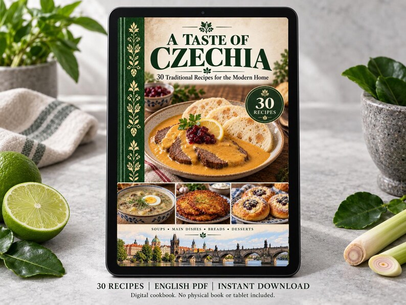 Digital cookbook mockup displaying the actual A Taste of Czechia cover. English PDF download only; no tablet or physical book included.