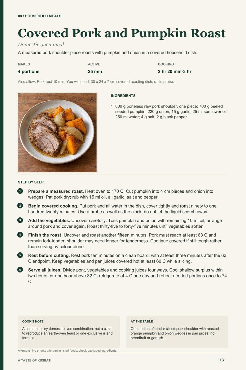 Actual PDF page 13 from A Taste of Kiribati: Covered Pork and Pumpkin Roast recipe page.