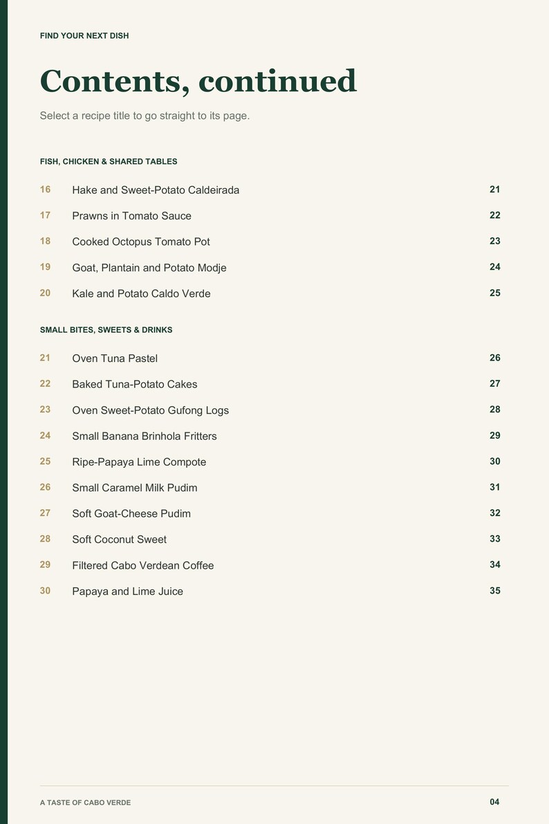 Actual PDF page 4 from A Taste of Cabo Verde: Contents, page 2.