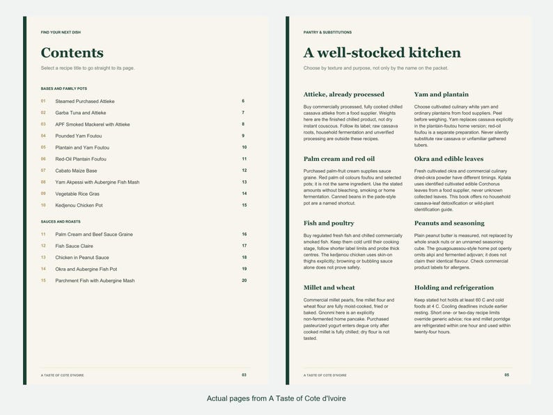 Actual contents and kitchen-notes pages from A Taste of Cote d'Ivoire.