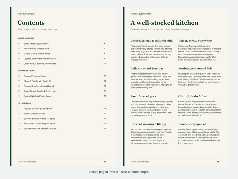 Actual contents and kitchen-notes pages from A Taste of Montenegro.