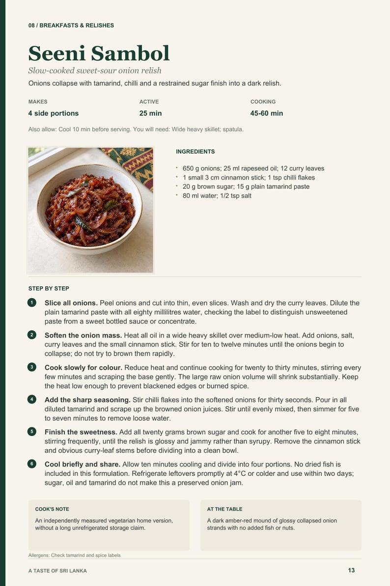 Actual PDF page 13 from A Taste of Sri Lanka: Seeni Sambol recipe page.