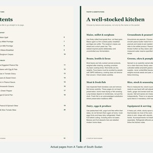 Actual contents and kitchen-notes pages from A Taste of South Sudan.