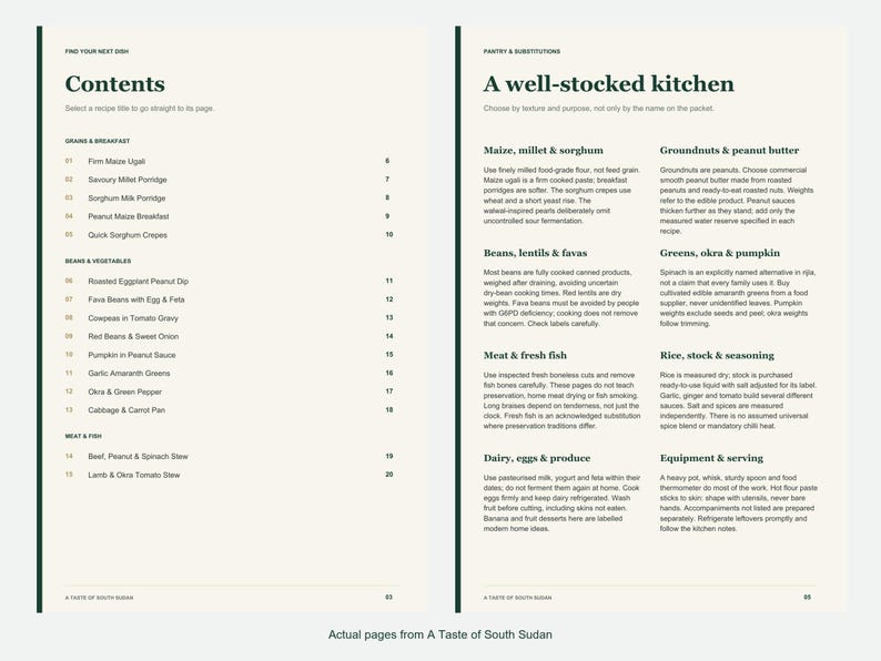 Actual contents and kitchen-notes pages from A Taste of South Sudan.