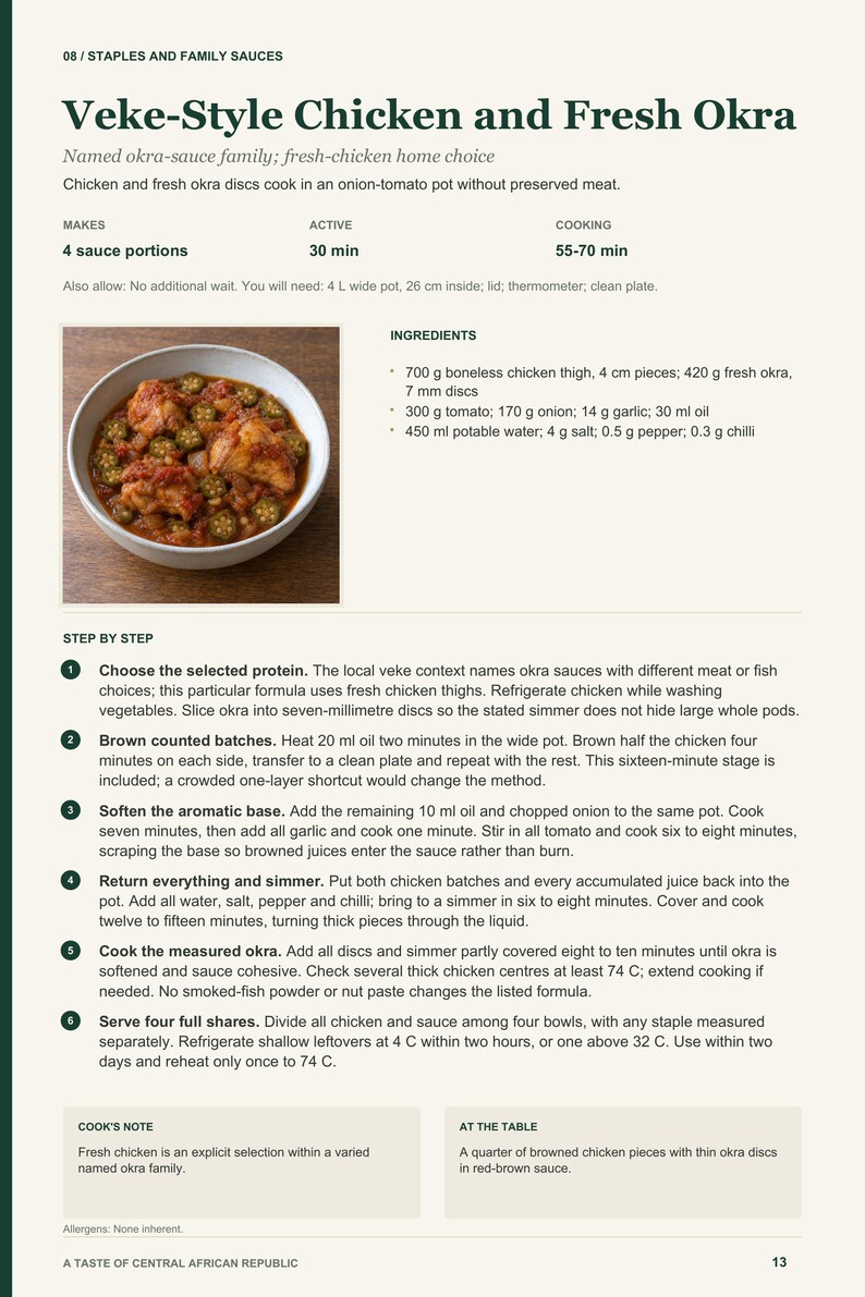 Actual PDF page 13 from A Taste of Central African Republic: Veke-Style Chicken and Fresh Okra recipe page.
