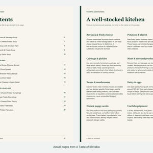 Actual contents and kitchen-notes pages from A Taste of Slovakia.