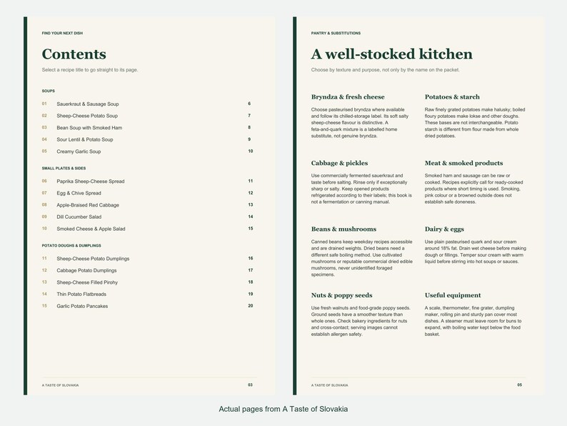 Actual contents and kitchen-notes pages from A Taste of Slovakia.