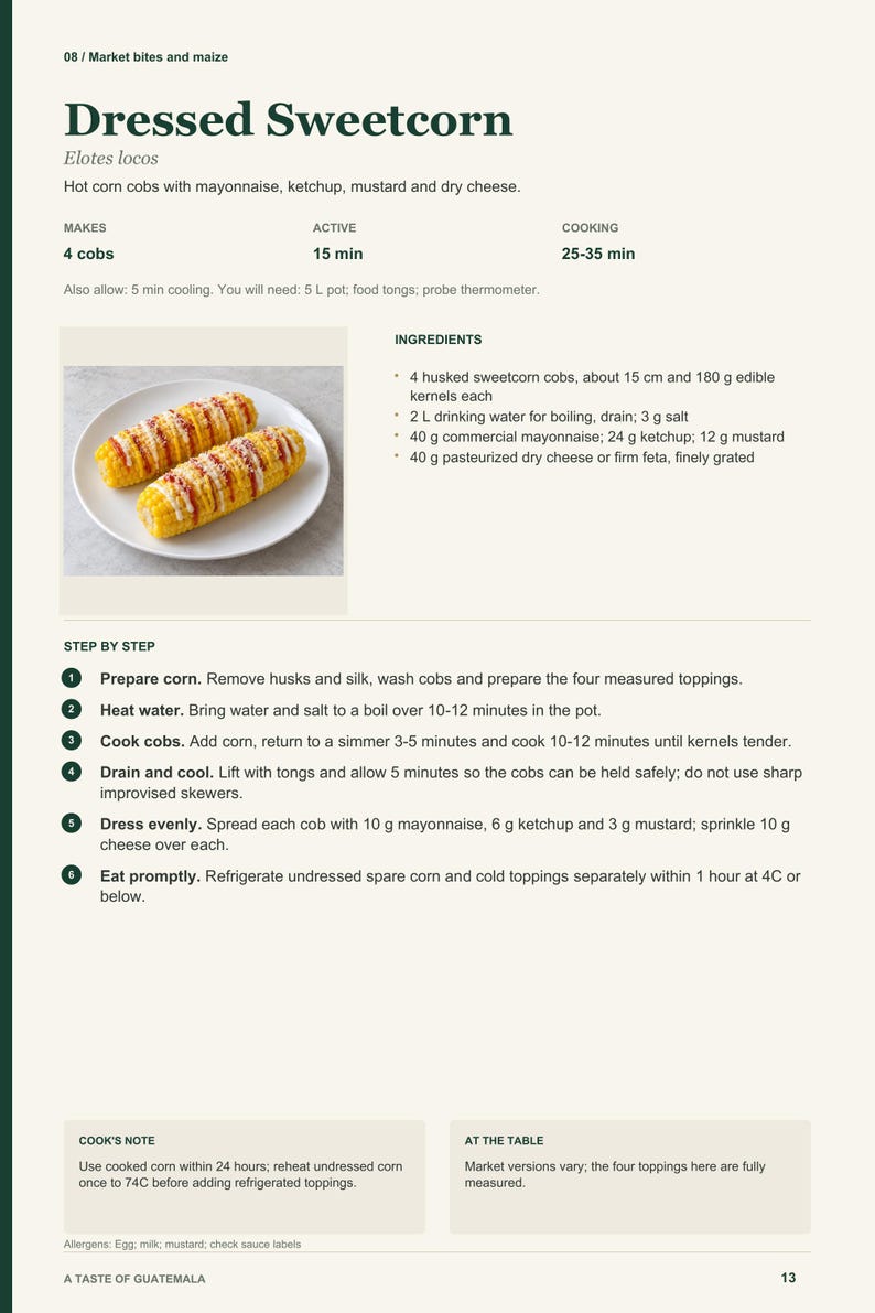 Actual PDF page 13 from A Taste of Guatemala: Dressed Sweetcorn recipe page.