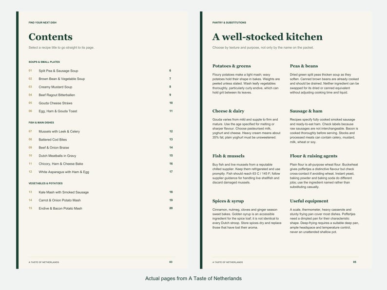 Actual contents and kitchen-notes pages from A Taste of Netherlands.