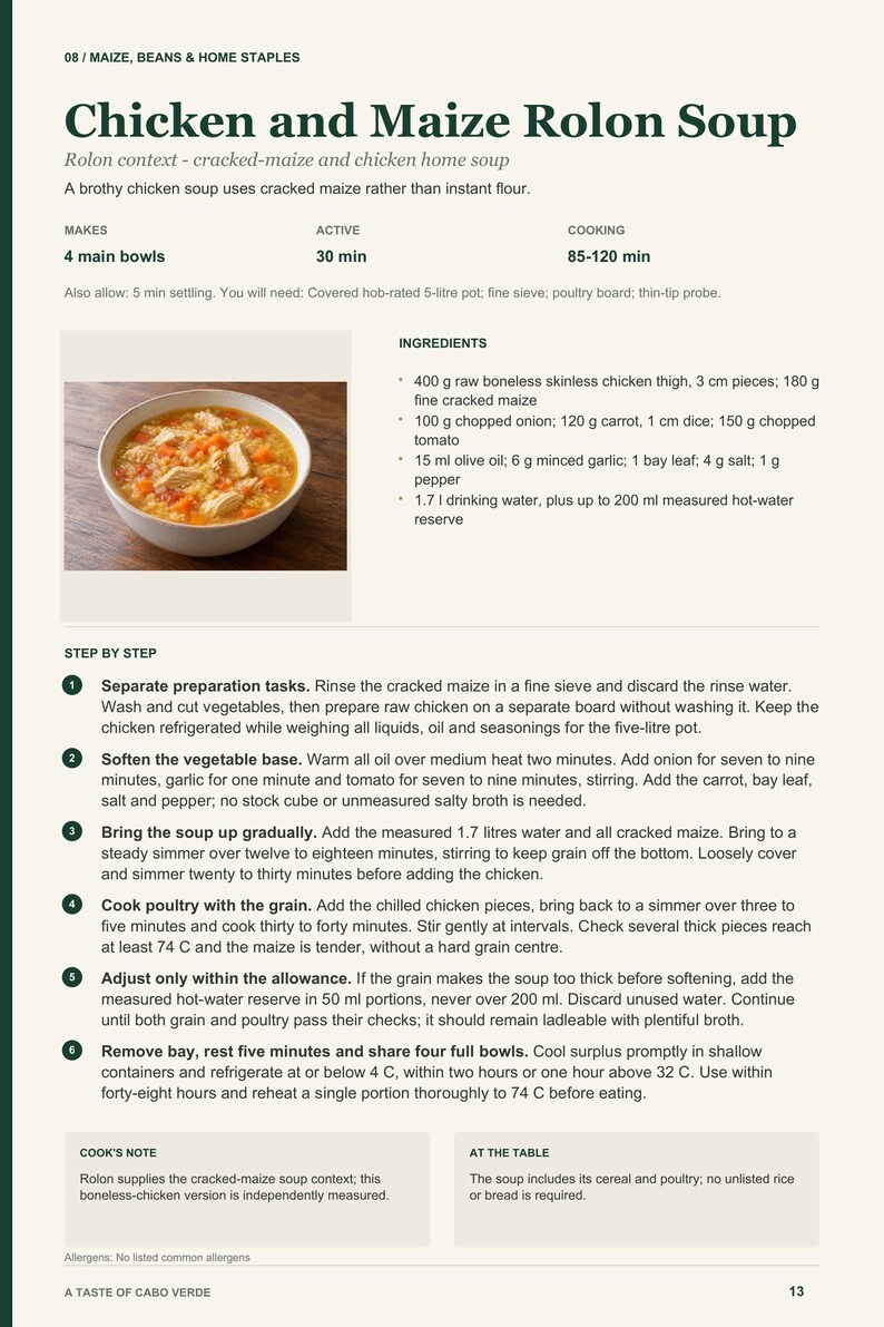 Actual PDF page 13 from A Taste of Cabo Verde: Chicken and Maize Rolon Soup recipe page.