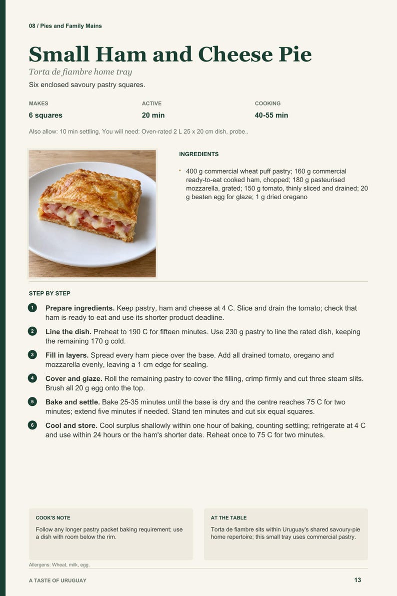 Actual PDF page 13 from A Taste of Uruguay: Small Ham and Cheese Pie recipe page.