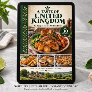 Digital cookbook mockup displaying the actual A Taste of United Kingdom cover. English PDF download only; no tablet or physical book included.