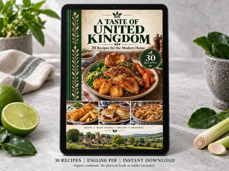 Digital cookbook mockup displaying the actual A Taste of United Kingdom cover. English PDF download only; no tablet or physical book included.