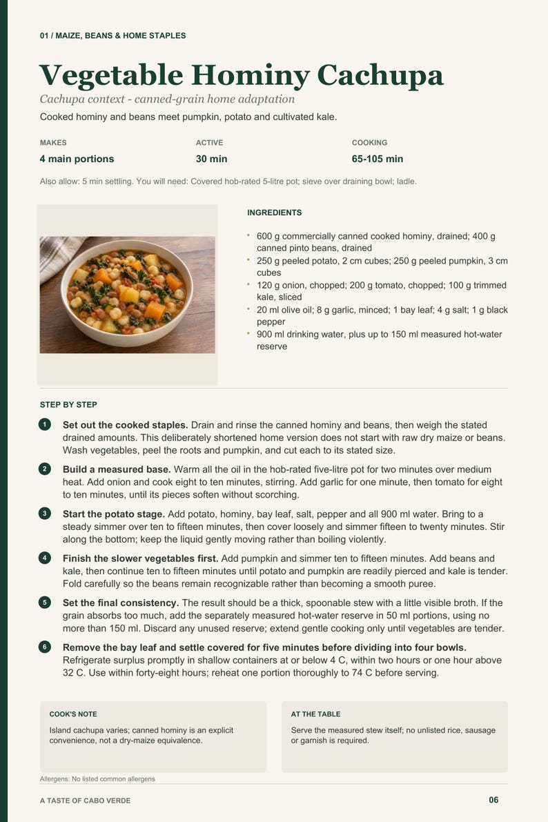 Actual PDF page 6 from A Taste of Cabo Verde: Vegetable Hominy Cachupa recipe page.