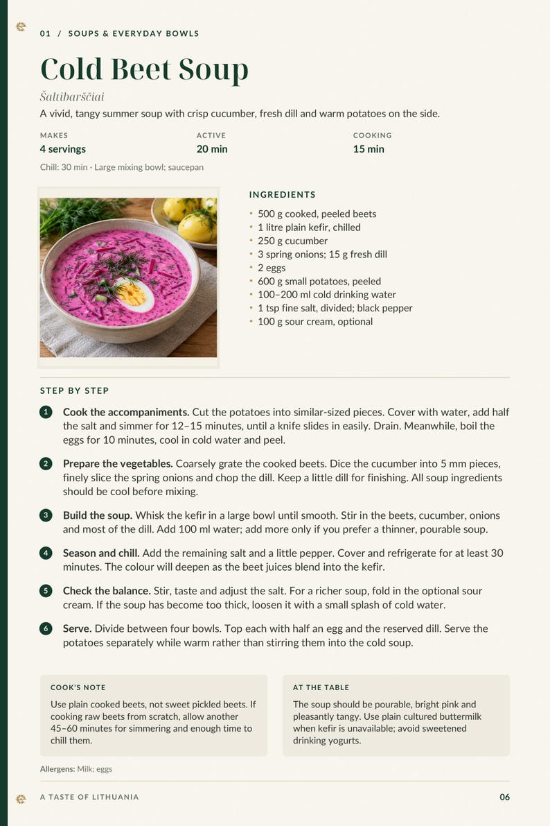 Actual PDF page 6 from A Taste of Lithuania: Cold Beet Soup recipe page.