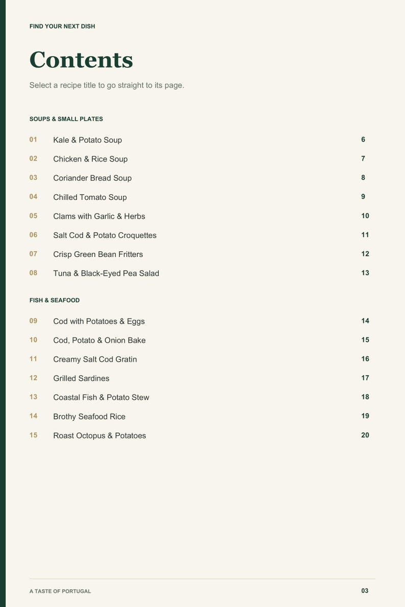 Actual PDF page 3 from A Taste of Portugal: Contents, page 1.