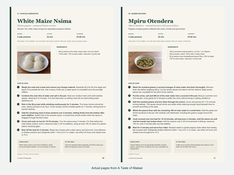 Two actual recipe pages from A Taste of Malawi.