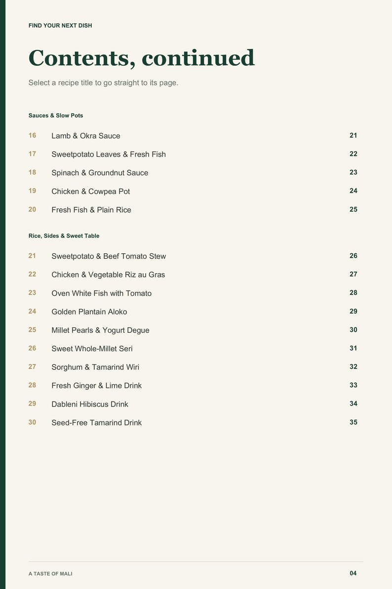 Actual PDF page 4 from A Taste of Mali: Contents, page 2.