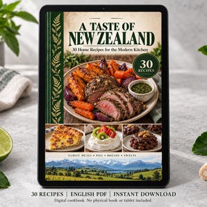 Digital cookbook mockup displaying the actual A Taste of New Zealand cover. English PDF download only; no tablet or physical book included.