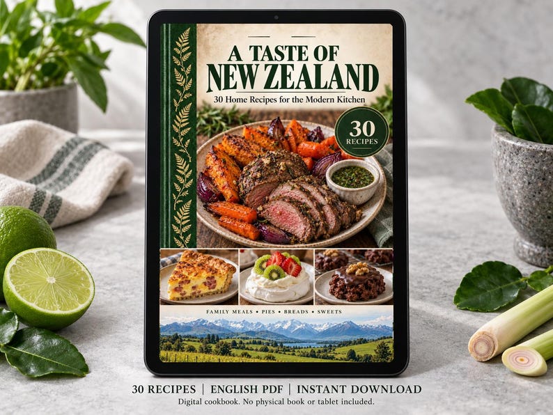 Digital cookbook mockup displaying the actual A Taste of New Zealand cover. English PDF download only; no tablet or physical book included.