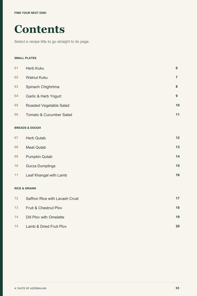 Actual PDF page 3 from A Taste of Azerbaijan: Contents, page 1.